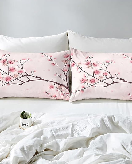 Erosebridal Cherry Blossoms Comforter Set King, Girl Pink Floral Down Comforter, Japanese Spring Bedding Set, Pale Pink Blossom Petal Quilted Duvet,Branch Floral Duvet Set for Women men,Girly Romantic - LeafyLoom