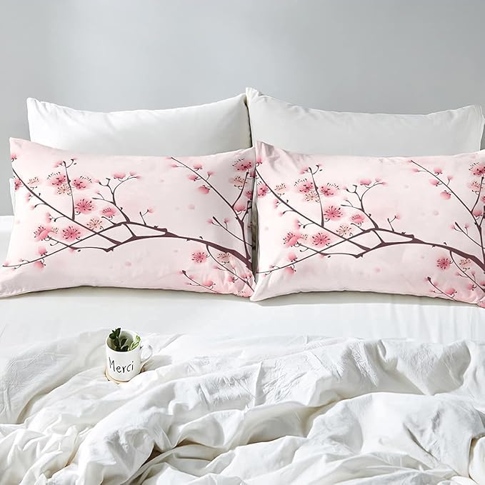 Erosebridal Cherry Blossoms Comforter Set King, Girl Pink Floral Down Comforter, Japanese Spring Bedding Set, Pale Pink Blossom Petal Quilted Duvet,Branch Floral Duvet Set for Women men,Girly Romantic - LeafyLoom