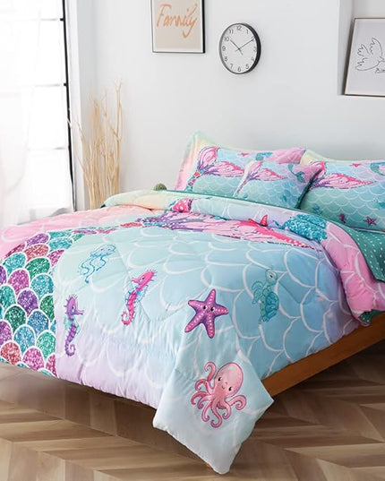ADASMILE A & S 6 Pieces Mermaid Comforter Twin for Girls Kids Mermaid Bedding Fish Scale with Starfish Turtle Printed Bed in a Bag Comforter and Sheet Set Rainbow Mermaid Scale Bedding Home Decor - LeafyLoom