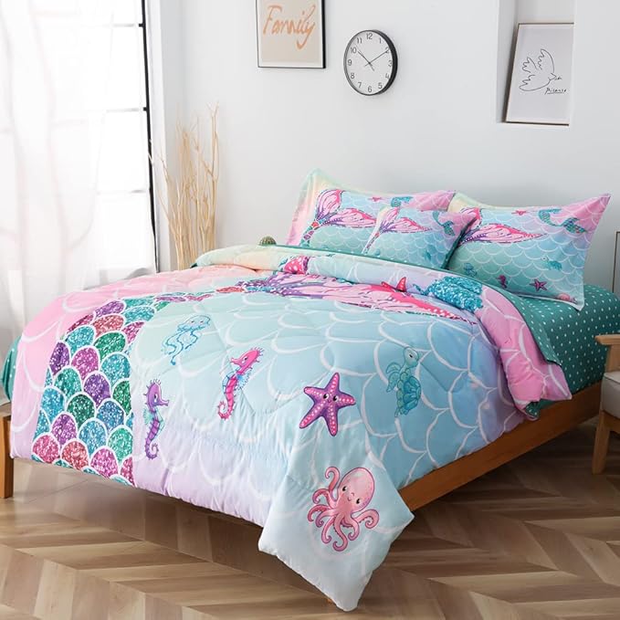 ADASMILE A & S 6 Pieces Mermaid Comforter Twin for Girls Kids Mermaid Bedding Fish Scale with Starfish Turtle Printed Bed in a Bag Comforter and Sheet Set Rainbow Mermaid Scale Bedding Home Decor - LeafyLoom