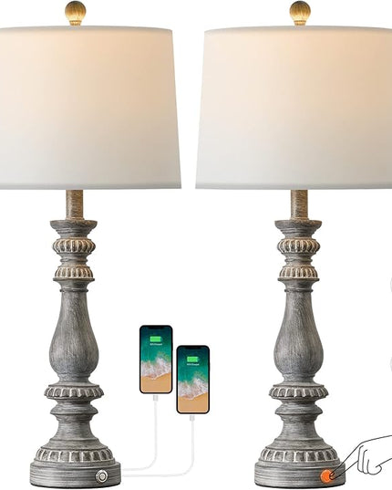 BOBOMOMO 27" Rustic 3-Way Dimmable Touch Table Lamps for Bedroom Farmhouse Lamp Set of 2 with 2 USB Charging Ports for Living Room Vintage Rustic Traditional Nightstand Lamp (2 Bulbs Included) - LeafyLoom