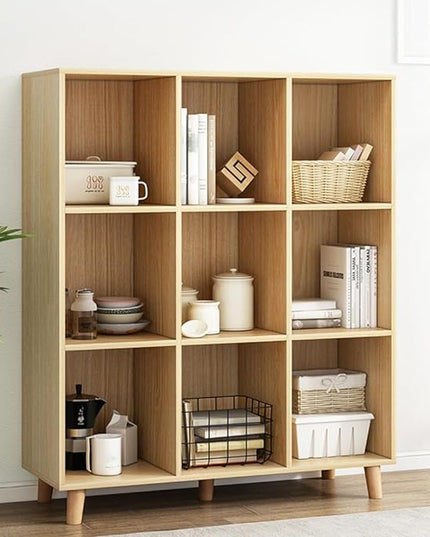 IOTXY Open Cube Low Bookcase - 3-Tier Freestanding Storage Display Cabinet Organizer with Legs for Home Office, 9-Cubes Open Shelf Short Bookshelf, Oak - LeafyLoom