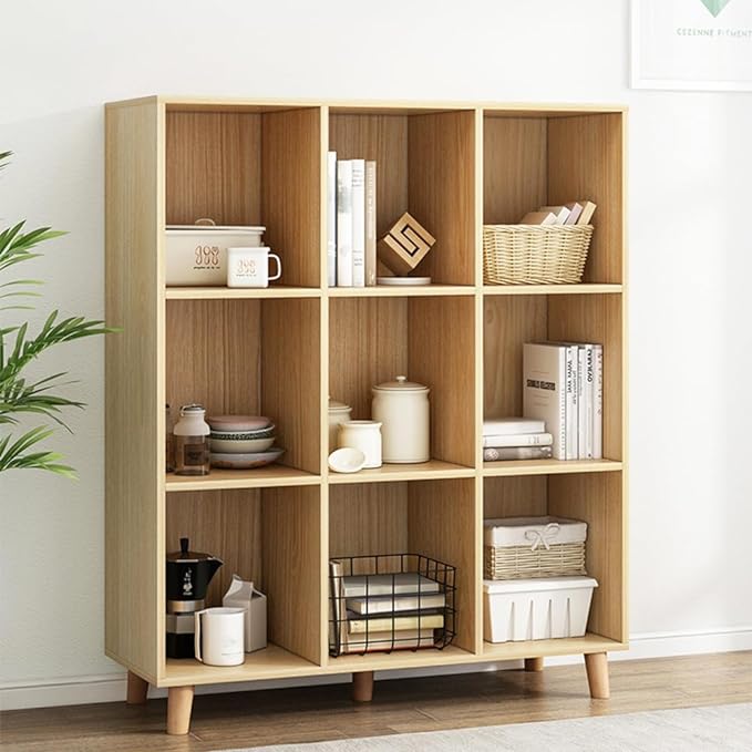 IOTXY Open Cube Low Bookcase - 3-Tier Freestanding Storage Display Cabinet Organizer with Legs for Home Office, 9-Cubes Open Shelf Short Bookshelf, Oak - LeafyLoom