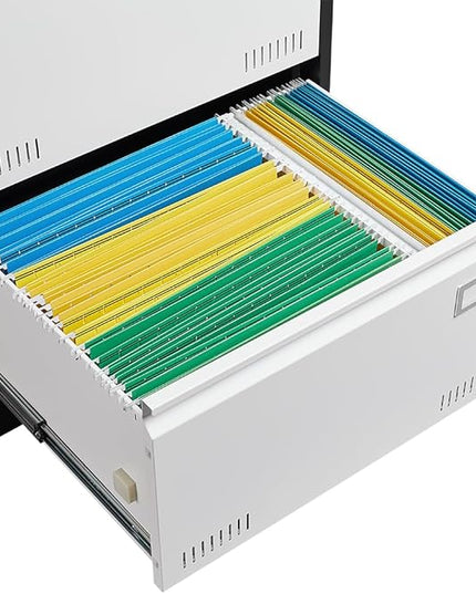 2 Drawer Metal Lateral Lock and Card Holder,Office Vertical Files Storage Cabinets w/Heavy 3 Section Slide Rail & Breathable Holes,for Legal/Letter/A4,Black+White - LeafyLoom