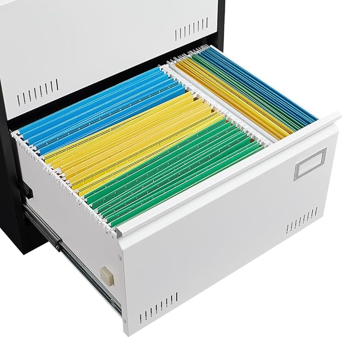 2 Drawer Metal Lateral Lock and Card Holder,Office Vertical Files Storage Cabinets w/Heavy 3 Section Slide Rail & Breathable Holes,for Legal/Letter/A4,Black+White - LeafyLoom