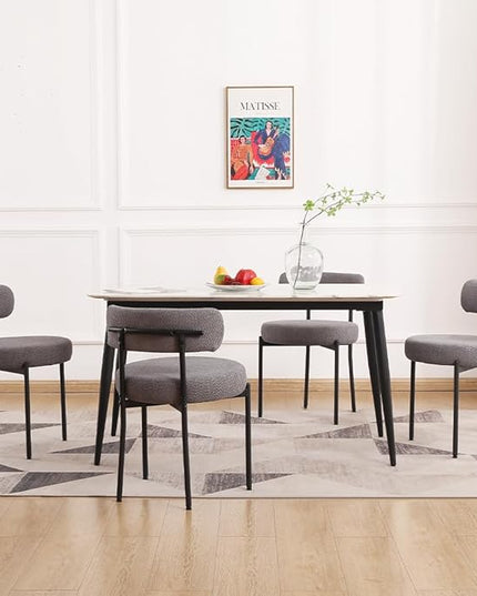 EDWELL Boucle Dining Chairs Set of 4, Modern Upholstered Dining Room Chairs with Black Metal Legs, Dark Grey Curved Backrest Kitchen Chair for Dining Room, Living Room - LeafyLoom