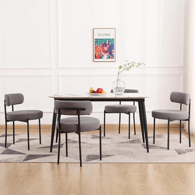 EDWELL Boucle Dining Chairs Set of 4, Modern Upholstered Dining Room Chairs with Black Metal Legs, Dark Grey Curved Backrest Kitchen Chair for Dining Room, Living Room - LeafyLoom
