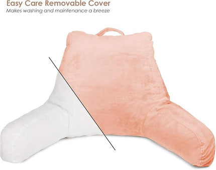 Clara Clark Reading Pillow for Kids, Small Back Pillow for Sitting Up in Bed, Memory Foam Back Support Pillow, Reading Pillows for Sitting in Bed, Peach Gaming Pillow for Bed with Arms and Pockets - LeafyLoom