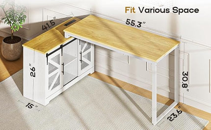 Rustic Corner Desk with Storage, L Shaped Farmhouse Office Desk with Sufficient Storage Capacity, Built-in Power Socket and Barn Door Design - LeafyLoom