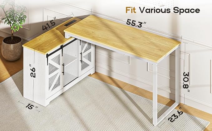 Rustic Corner Desk with Storage, L Shaped Farmhouse Office Desk with Sufficient Storage Capacity, Built-in Power Socket and Barn Door Design - LeafyLoom