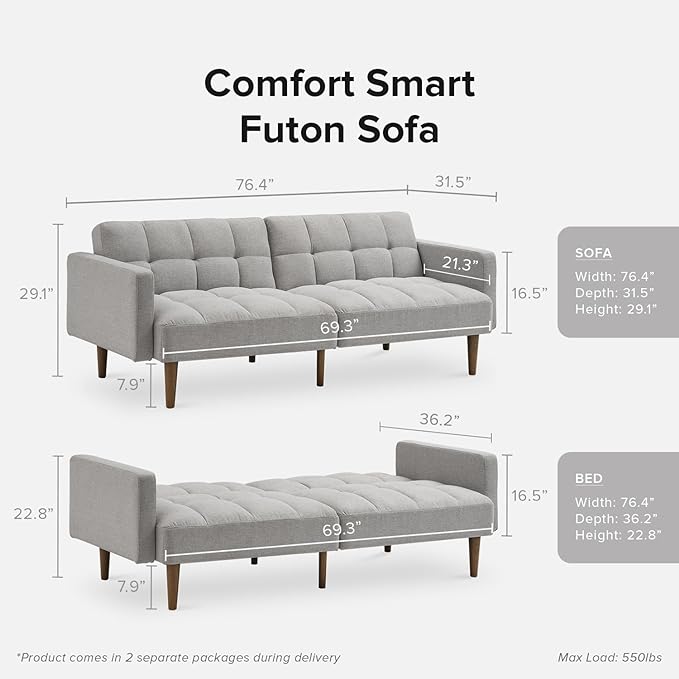 mopio Aaron Couch, Small Sofa, Futon, Sofa Bed, Sleeper Sofa, Loveseat, Mid Century Modern Futon Couch, Sofa Cama, Couches for Living Room, Bedroom (Light Gray, Fabric) - LeafyLoom