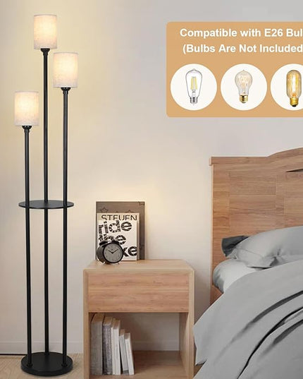 Floor Lamp with Shelves, Modern Floor Lamps for Living Room, 3-Lights Standing Lamp with Linen Shade and Foot Switch, Industrial Standing Lamps for Bedroom, Black Tall Table Lamp for Office - LeafyLoom