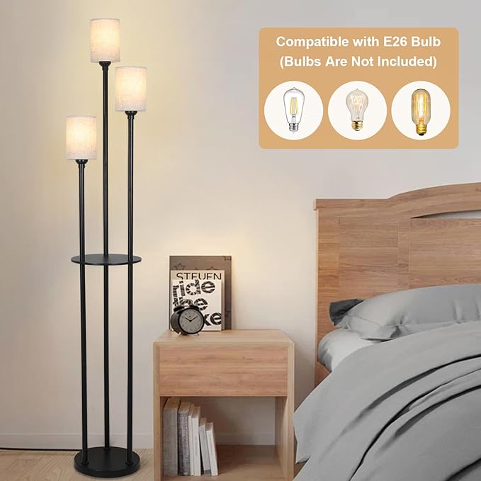 Floor Lamp with Shelves, Modern Floor Lamps for Living Room, 3-Lights Standing Lamp with Linen Shade and Foot Switch, Industrial Standing Lamps for Bedroom, Black Tall Table Lamp for Office - LeafyLoom