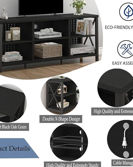 LVB Black Entertainment Center, Modern Wood Metal TV Stand for 65 Inch TV, Industrial Television Stands with Cabinet Storage, Farmhouse Media Console Tables for Home Living Bedroom, Black Oak, 55 Inch - LeafyLoom