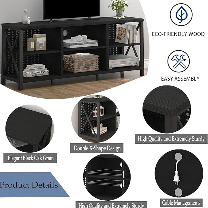 LVB Black Entertainment Center, Modern Wood Metal TV Stand for 65 Inch TV, Industrial Television Stands with Cabinet Storage, Farmhouse Media Console Tables for Home Living Bedroom, Black Oak, 55 Inch - LeafyLoom