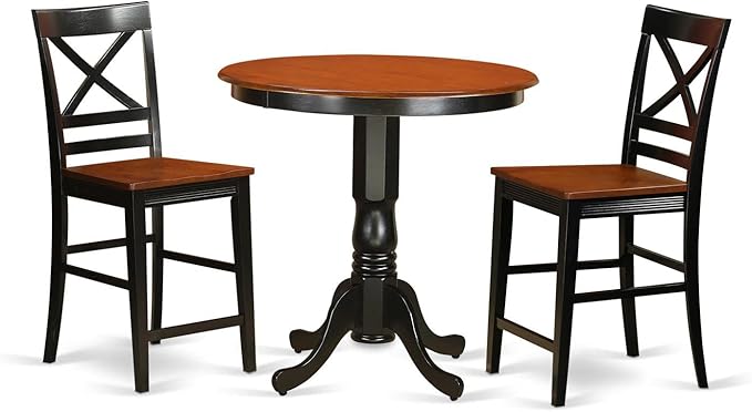 East West Furniture JAQU3-BLK-W 3 Piece Kitchen Counter Height Dining Table Set Contains a Round Wooden Table with Pedestal and 2 Dining Chairs, 36x36 Inch, Black & Cherry - LeafyLoom