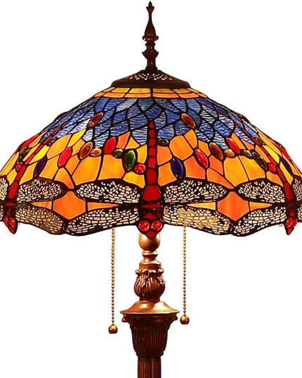 Bieye L10703 Dragonfly Tiffany Style Stained Glass Floor Lamp with 16 Inch Wide Complex Design Lampshade and Metal Base, Orange Blue, 65 Inch Tall - LeafyLoom