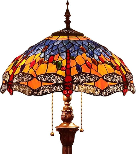 Bieye L10703 Dragonfly Tiffany Style Stained Glass Floor Lamp with 16 Inch Wide Complex Design Lampshade and Metal Base, Orange Blue, 65 Inch Tall - LeafyLoom