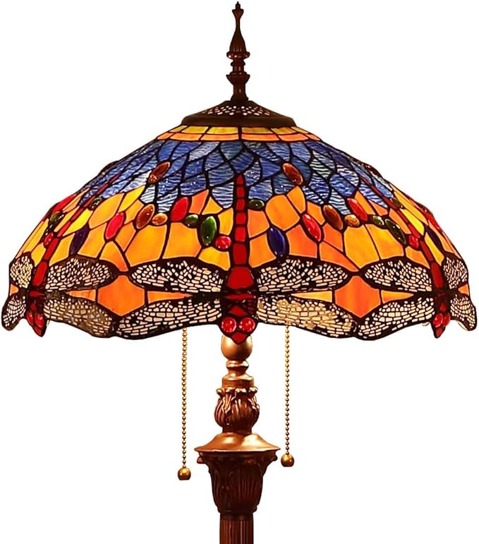 Bieye L10703 Dragonfly Tiffany Style Stained Glass Floor Lamp with 16 Inch Wide Complex Design Lampshade and Metal Base, Orange Blue, 65 Inch Tall - LeafyLoom