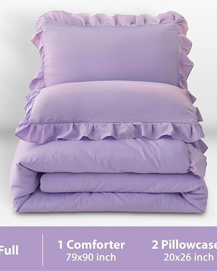 Andency Lavender Ruffle Comforter Full(79x90Inch), 3 Pieces(1 Ruffled Comforter and 2 Pillowcases) Solid Farmhouse Shabby Chic Comforter, Vintage Rustic Soft Microfiber Bedding Set - LeafyLoom