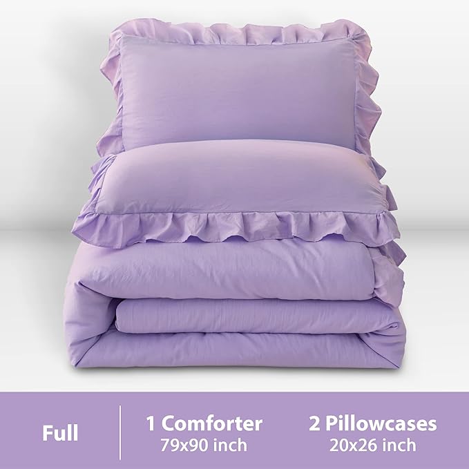 Andency Lavender Ruffle Comforter Full(79x90Inch), 3 Pieces(1 Ruffled Comforter and 2 Pillowcases) Solid Farmhouse Shabby Chic Comforter, Vintage Rustic Soft Microfiber Bedding Set - LeafyLoom