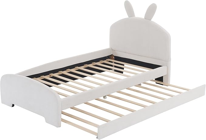 Twin Size Chenille Upholstered Platform Bed with Cartoon Ears Shaped Headboard and Twin-Size Trundle,Guardrail,Wood Bed-frame for Boys Girls,Bedroom Furniture for Children,White - LeafyLoom