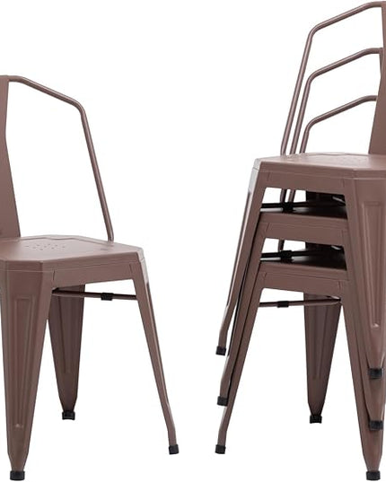 Modern Dining Chair Set of 4, Stackable Metal Chairs, Waterproof Counter Bar Chairs with High Backrest, Quick Assembly Cafe Chairs, Tolix Style for Home, Kitchen and Bar Use, Brown - LeafyLoom