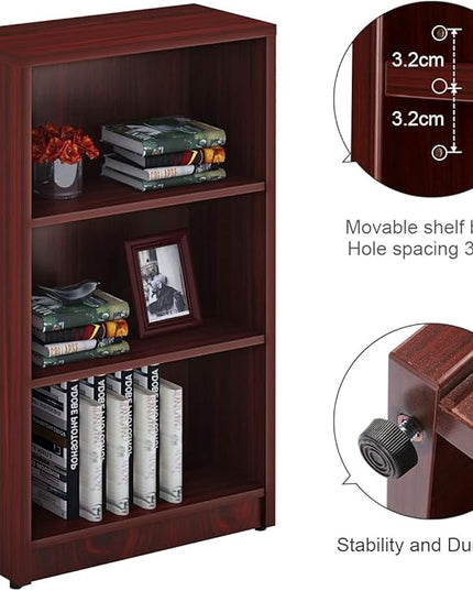 3 Shelf Wood Bookcase Freestanding Display Shelf Adjustable Layers Bookshelf for Home Office Library Small Narrow Space(Mahogany, 3-Layers,24.4W x 11.6D x 44.1H inch) - LeafyLoom