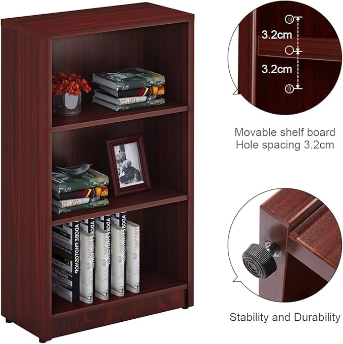 3 Shelf Wood Bookcase Freestanding Display Shelf Adjustable Layers Bookshelf for Home Office Library Small Narrow Space(Mahogany, 3-Layers,24.4W x 11.6D x 44.1H inch) - LeafyLoom
