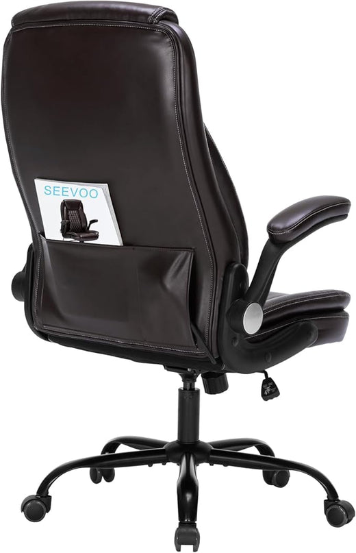 Office Chair Desk Chair High Back Computer Chair - Adjustable Lumbar Support with Flip-Up Arms PU Leather Chair with Spring Cushion - LeafyLoom