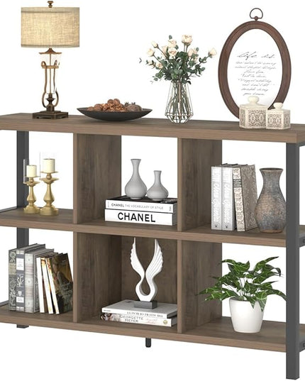 FOLUBAN 6 Cube Storage Organizer with Shelf, Industrial Horizontal Bookshelf, Low Cubby Bookcase for Living Room Bedroom, 47 Inch Oak - LeafyLoom