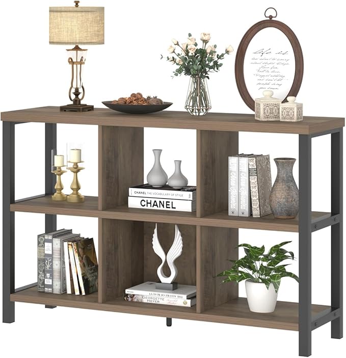 FOLUBAN 6 Cube Storage Organizer with Shelf, Industrial Horizontal Bookshelf, Low Cubby Bookcase for Living Room Bedroom, 47 Inch Oak - LeafyLoom