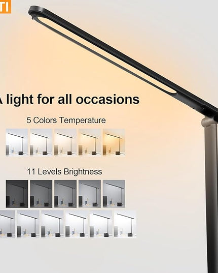 LED Office Desk Lamp, 630 Lumens Bright Table Lamp with Clock Display.A+C USB Fast Charging Charging Port, Desk Light for Office, Industrial Painting, Crafts (with Adapter) - LeafyLoom