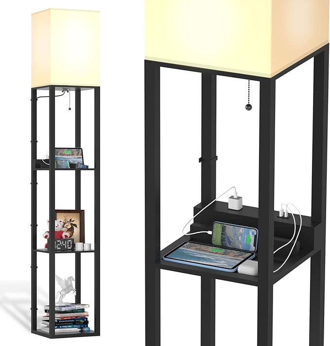 PAZZO Floor Lamp with Shelves, Shelf Lamps by Real Solid Wood with 2 Charging Ports and 1 Power Outlet, Floor Lamps for Bedrooms, Lamps for Living Room,Bulb Included,Matt Black - LeafyLoom