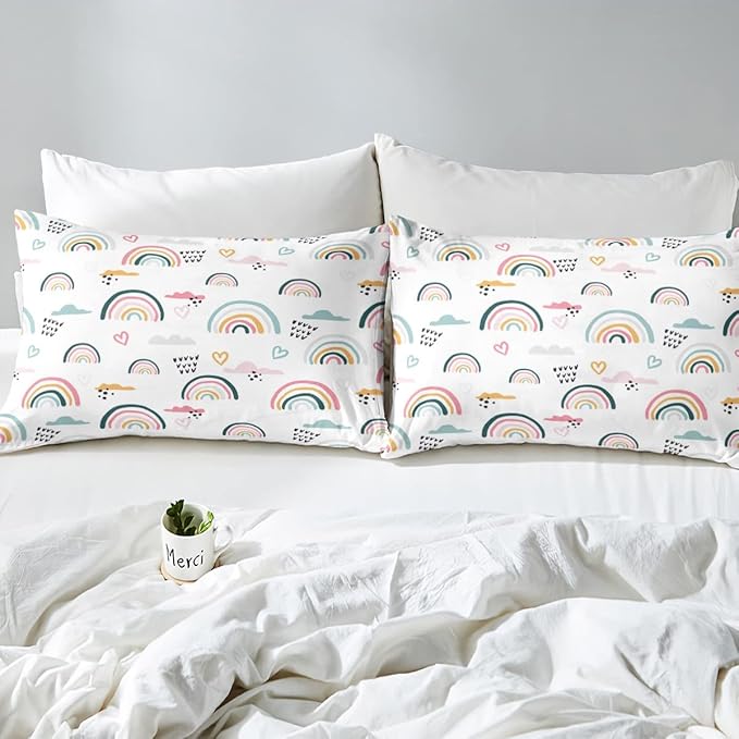 Erosebridal Rainbow Bedding Set for Kids Girls, Pink Love Heart Comforter Set Queen Size Cartoon Cloud Geometric Stripes Bedding Comforter for Boys Children Women Watercolor Art Girly Duvet Sets - LeafyLoom