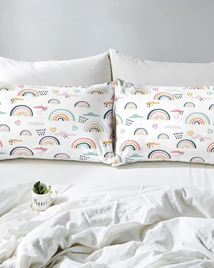 Erosebridal Rainbow Bedding Set for Kids Girls, Pink Love Heart Comforter Set Full Size Cartoon Cloud Geometric Stripes Bedding Comforter for Boys Children Women Watercolor Art Girly Duvet Sets - LeafyLoom