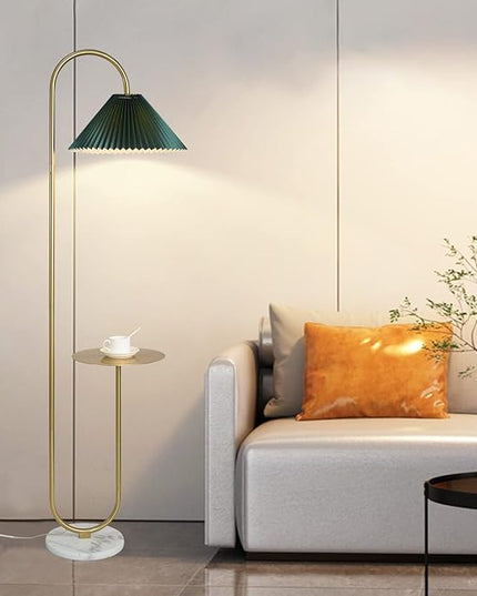 Modern Elegant with Tray Floor Lamp for Office Cafe Den Living Room Bedroom, Foot Switch and Brass/Gold Finish,Dark Green Pleated Cloth Lampshade - LeafyLoom