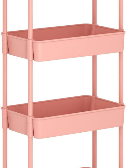 4-Tier Rolling Cart，Trolley with Drawer, Kitchen Storage Organizer with Plastic Shelf & Metal Wheels, Storage Cart for Living Room, Kitchen, Office, Bathroom, Pink - LeafyLoom