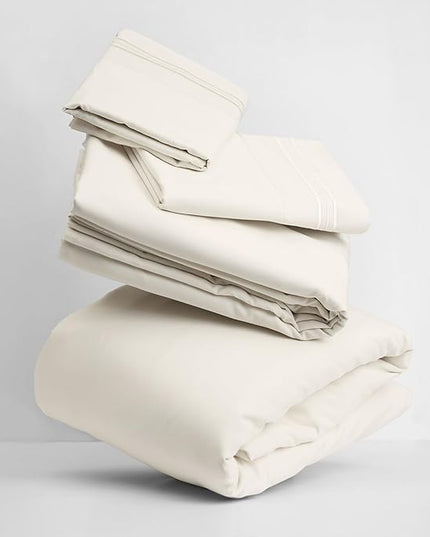 Mellanni Queen Sheets Set - 4 PC Iconic Collection Bedding Sheets & Pillowcases - Hotel Luxury, Extra Soft, Cooling Bed Sheets - Deep Pocket up to 16 inch (Queen, Golden Ivory) - LeafyLoom