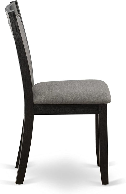 East West Furniture Dublin 3 Piece Set Contains a Round Dining Room Table with Dropleaf and 2 Dark Gotham Grey Linen Fabric Upholstered Chairs, 42x42 Inch, Wirebrushed Black - LeafyLoom