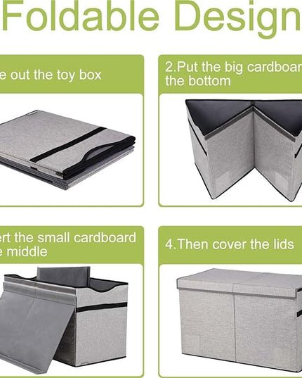 Toy Box Chest, Collapsible Sturdy Storage Bins with Lids, Extra Large Kids Toy Storage Organizer Boxes Bins Baskets for Kids, Boys, Girls, Nursery Room, Playroom, Closet (Fine Linen Gray) - LeafyLoom