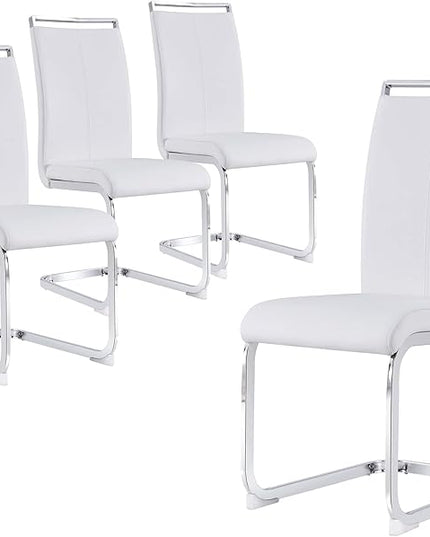 Dining Chairs Set, Kitchen Modern Metal Chairs with Faux Leather Padded Seat High Back and Sturdy Chrome Legs, Chairs for Dining Room (White, Set of 4) - LeafyLoom
