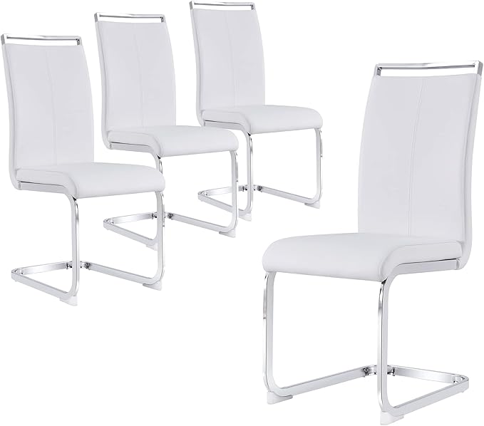 Dining Chairs Set, Kitchen Modern Metal Chairs with Faux Leather Padded Seat High Back and Sturdy Chrome Legs, Chairs for Dining Room (White, Set of 4) - LeafyLoom