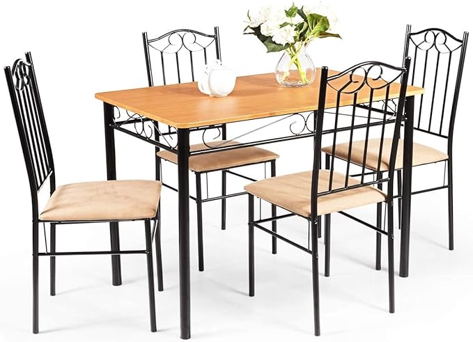 LUARANE 5-Piece Dining Table Set, Rectangular Dining Table with 4 Cushioned Chairs, Modern Wooden Breakfast Table Set for Small Spaces, Apartment, Dinette, Breakfast Nook, Black + Natural - LeafyLoom