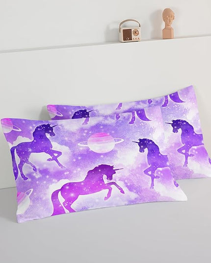 HOSIMA Purple Unicorn Bedding Sets for Girls Kids,3 Piece Soft Microfiber Galaxy Comforter Princess Crib Bedding Set Unicorn Bedroom Decor for Girls Room,Planet Cloud Queen Comforter Set. - LeafyLoom