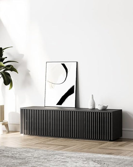 POVISON Mid Century Modern TV Stand, 59.06" Solid Wood Black Media Console for 55 inch TV, Full Assembled Entertainment Center with Storage for Living Room, Low Cabinet with Removable Shelves - LeafyLoom