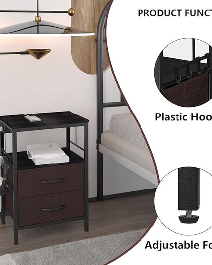 Nightstand with Charging Station, Side Table with Fabric Drawers and Open Shelf, Night Stand for Bedroom Decor, Bedside Table with USB Ports & Outlets (Black,1) - LeafyLoom