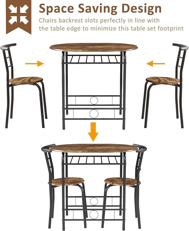 VECELO 3-Piece Dining Table Set for Kitchen Breakfast Nook, Wood Grain Oval Tabletop and Metal Frame with Built-in Wine Rack, for Small Spaces, 31.5", Antique & Black - LeafyLoom