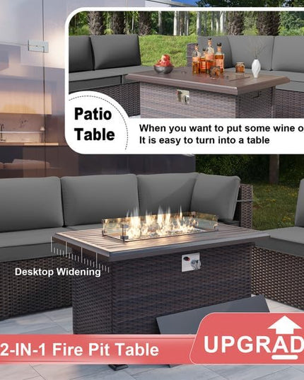 Patio Furniture Set with Fire Pit Table 8 Pieces Outdoor Sectional Furniture Outdoor Rattan Patio Conversation Sets with 43in 55,000 BTU Propane Gas Fire Pit Table Glass Table, Grey - LeafyLoom
