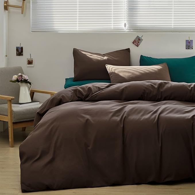 Brown 3Pcs Bedding Set (Twin) - Chestnut Brown Comforter, Solid Pattern, All Season, Cotton Surface, Lightweight, Fade-Resistant, Machine Washable - LeafyLoom